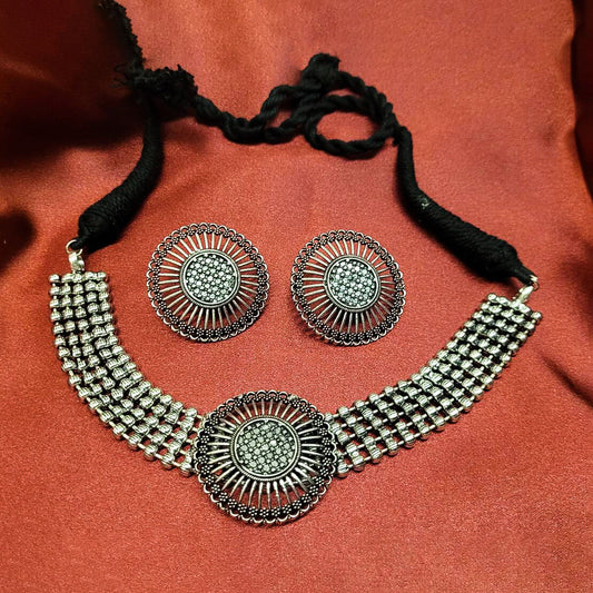 Oxidized Choker Thread Heavy Necklace + Rings Combo